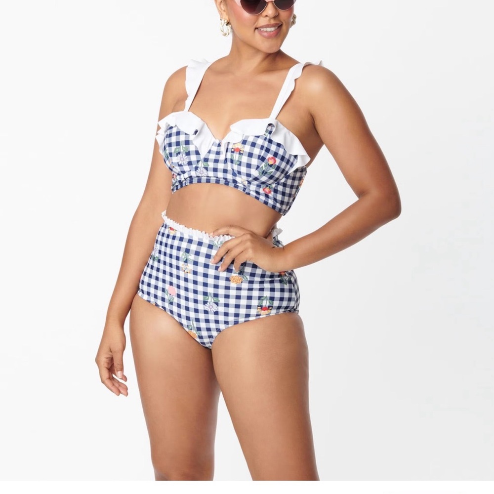 Unique Vintage Navy Gingham Floral High-Waist Retro Style Bikini
